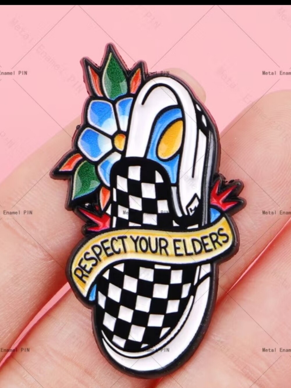 Respect Your Elders Checker Slip-On Sneaker Enamel Pin - Black & White
